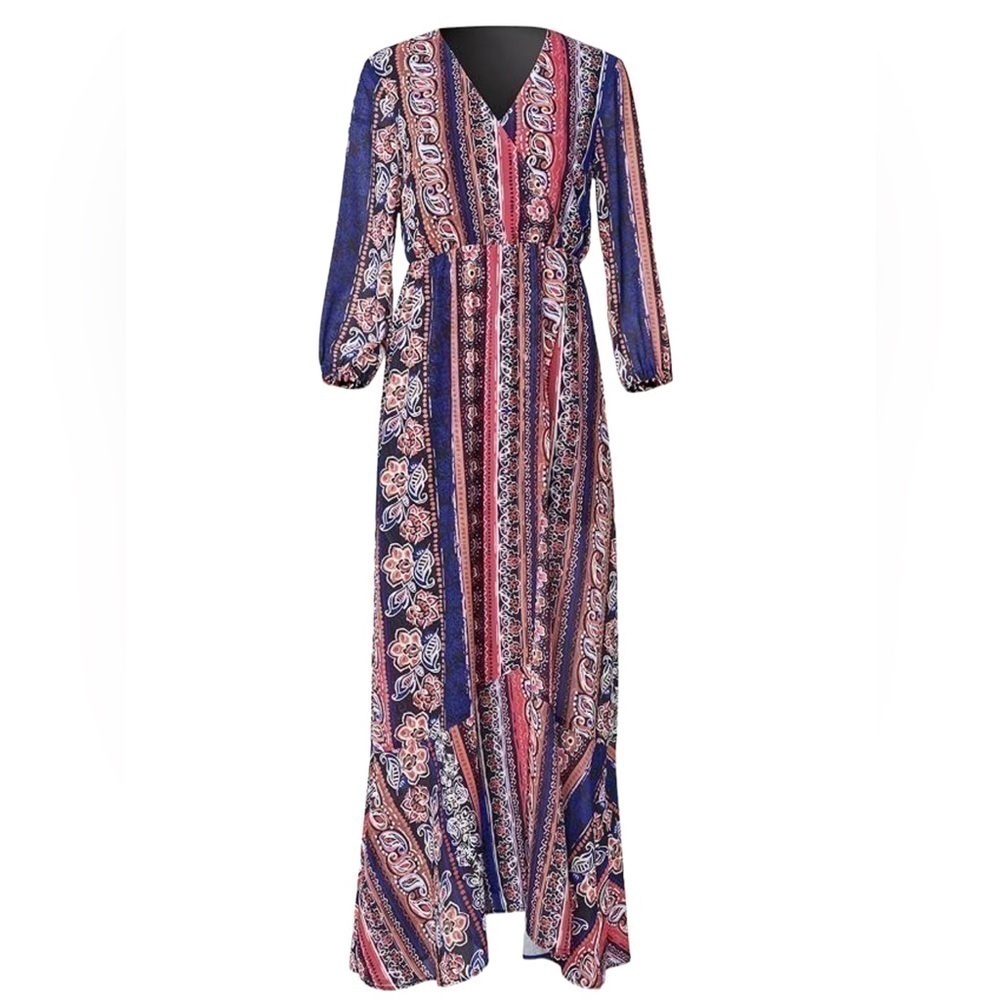 Venus Boho Printed Striped Maxi Dress V-Neck 3/4 Sheer Sleeves | Size 6